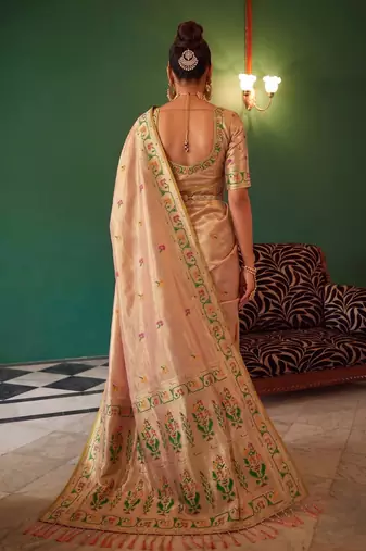 cream tissue silk blend saree for women festive party wedding wear