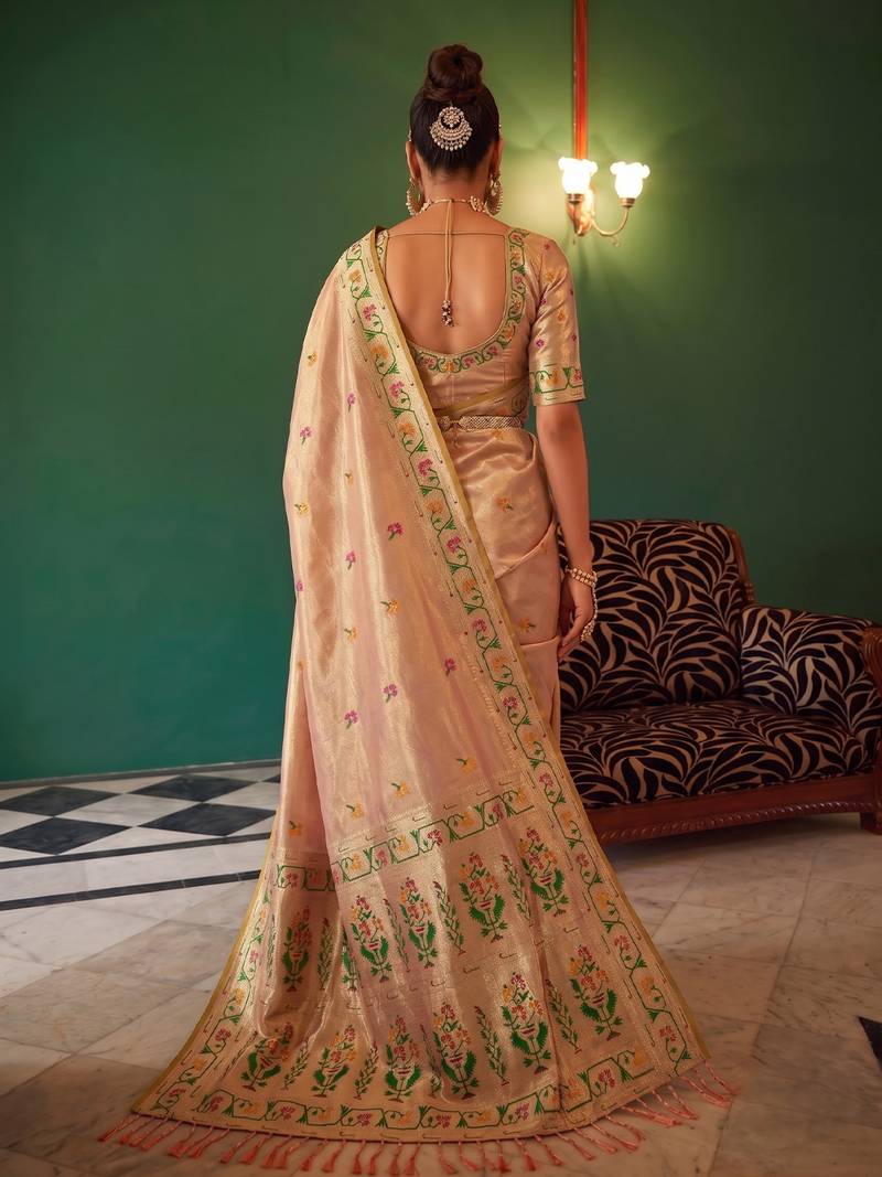 cream tissue silk blend saree for women festive party wedding wear