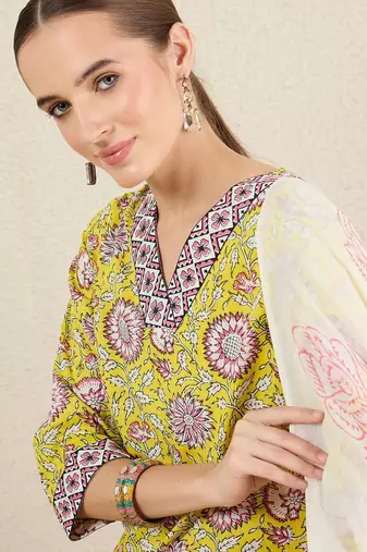 Floral Printed Pure Cotton V-Neck Straight Kurta with Trousers and Dupatta