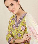Floral Printed Pure Cotton V-Neck Straight Kurta with Trousers and Dupatta