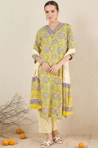 Floral Printed Pure Cotton V-Neck Straight Kurta with Trousers and Dupatta