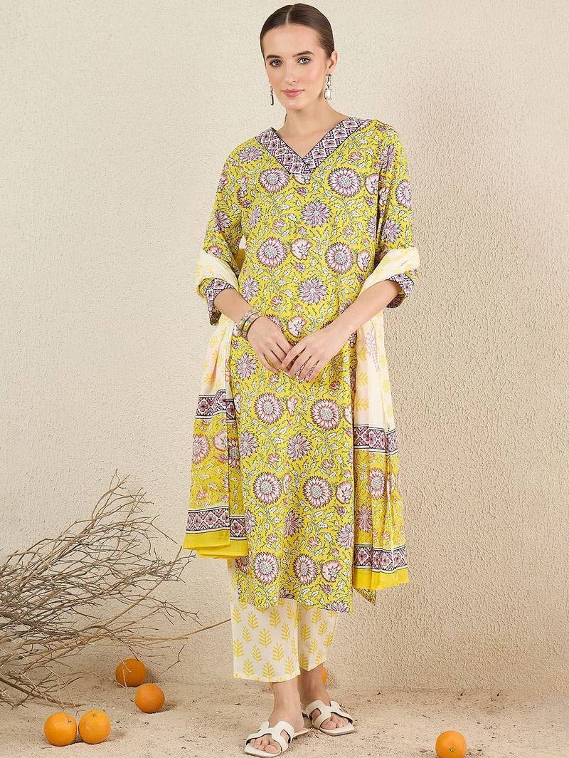 Floral Printed Pure Cotton V-Neck Straight Kurta with Trousers and Dupatta