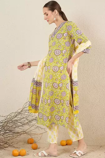 Floral Printed Pure Cotton V-Neck Straight Kurta with Trousers and Dupatta