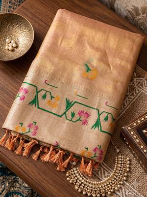 cream tissue silk blend saree for women festive party wedding wear 4