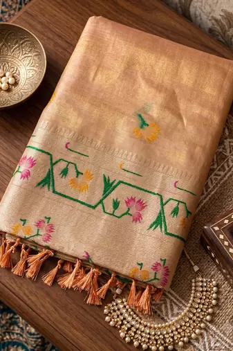 cream tissue silk blend saree for women festive party wedding wear