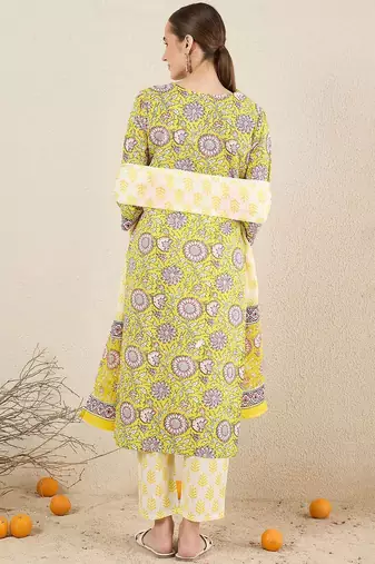 Floral Printed Pure Cotton V-Neck Straight Kurta with Trousers and Dupatta