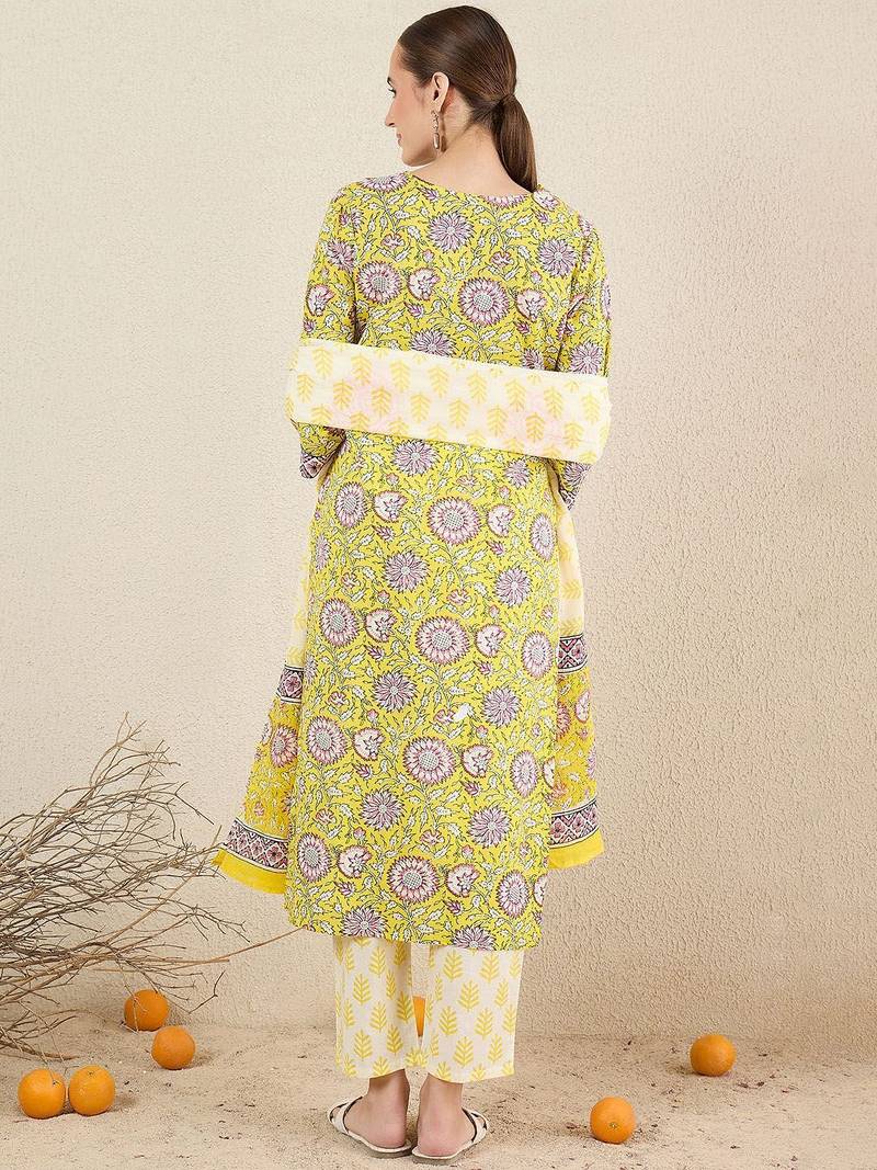 Floral Printed Pure Cotton V-Neck Straight Kurta with Trousers and Dupatta