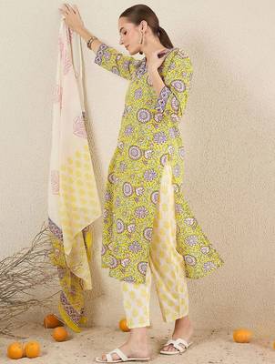 Floral Printed Pure Cotton V-Neck Straight Kurta with Trousers and Dupatta 5