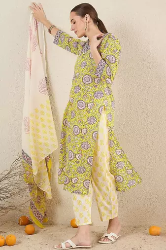 Floral Printed Pure Cotton V-Neck Straight Kurta with Trousers and Dupatta