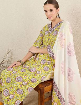 Floral Printed Pure Cotton V-Neck Straight Kurta with Trousers and Dupatta 6