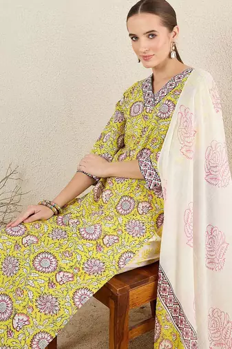 Floral Printed Pure Cotton V-Neck Straight Kurta with Trousers and Dupatta