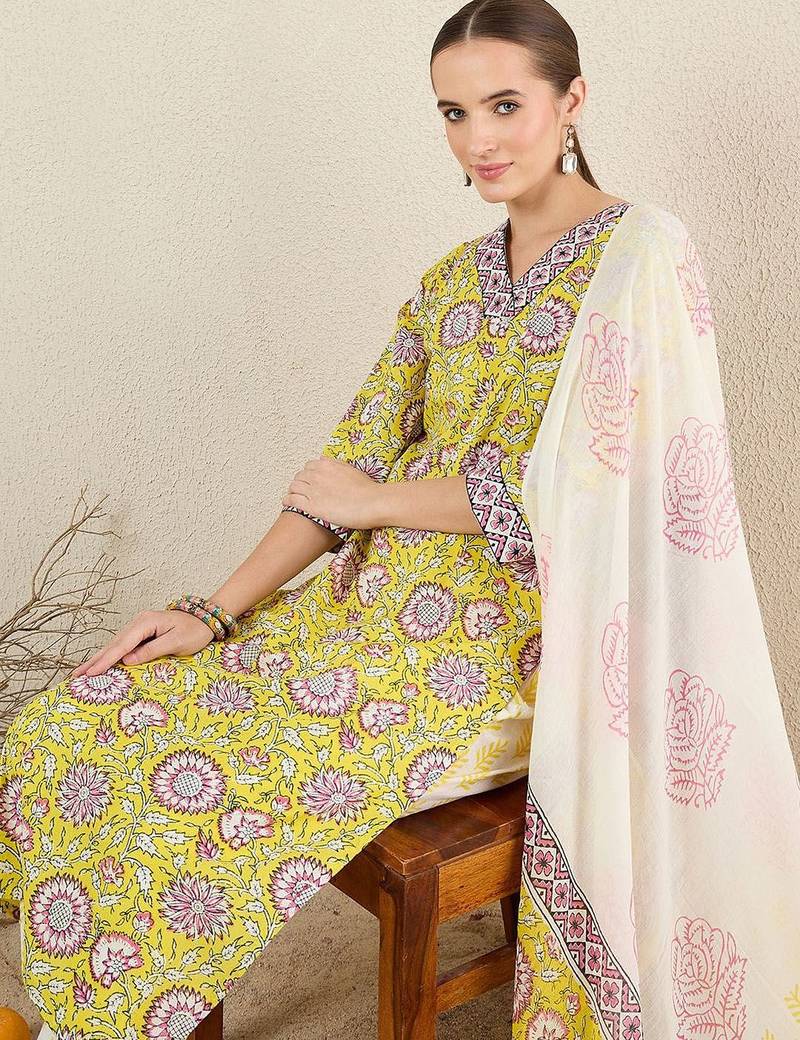 Floral Printed Pure Cotton V-Neck Straight Kurta with Trousers and Dupatta