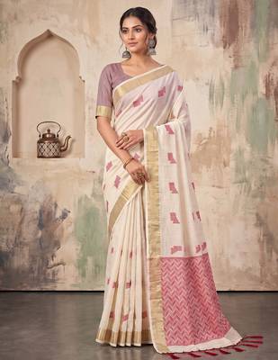 off white linen saree for women festive wedding wear 1