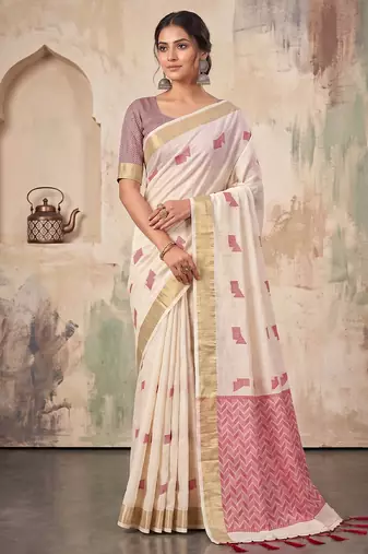 off white linen saree for women festive wedding wear