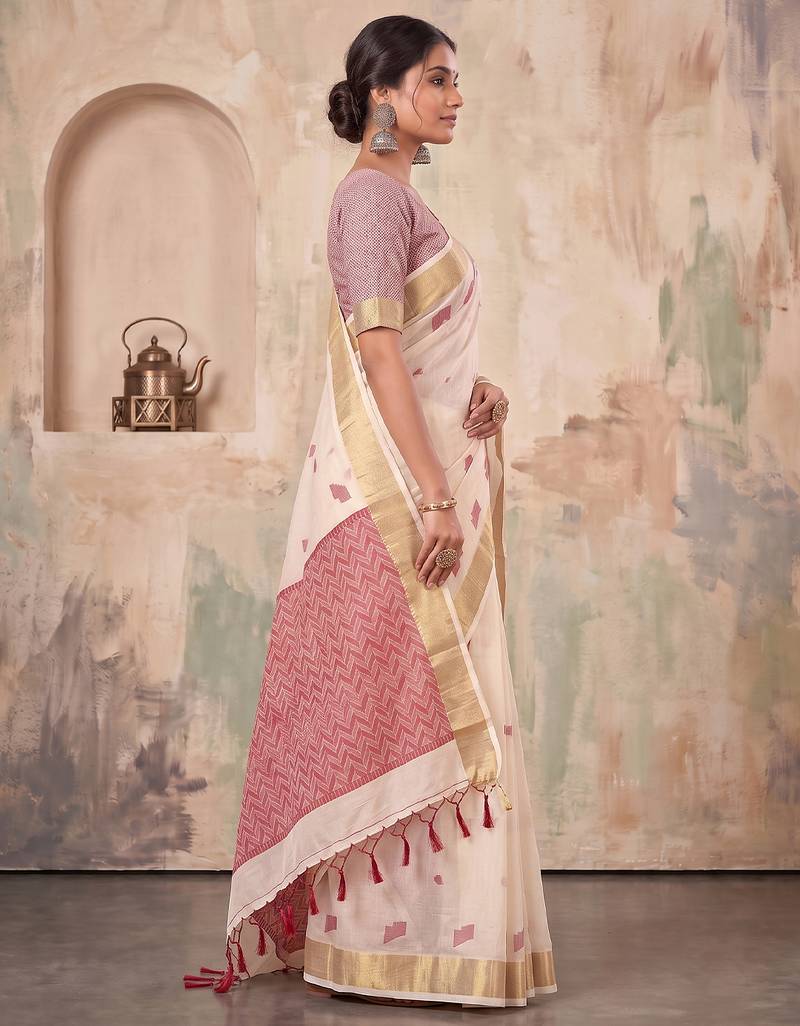 off white linen saree for women festive wedding wear