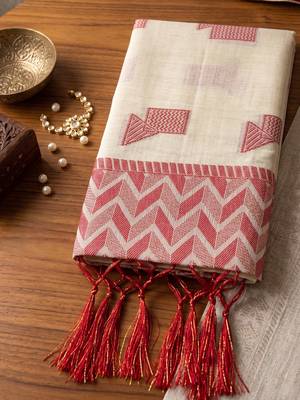 off white linen saree for women festive wedding wear 4