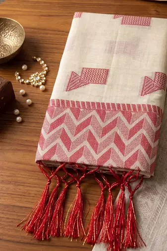 off white linen saree for women festive wedding wear