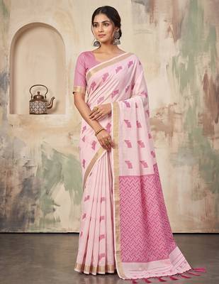 pink linen saree for women festive party wedding wear 1
