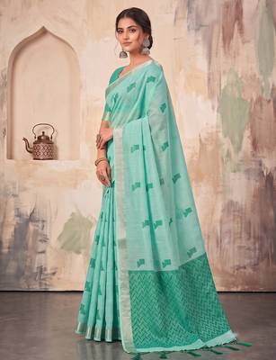 sky blue linen saree for women festive party wear 2