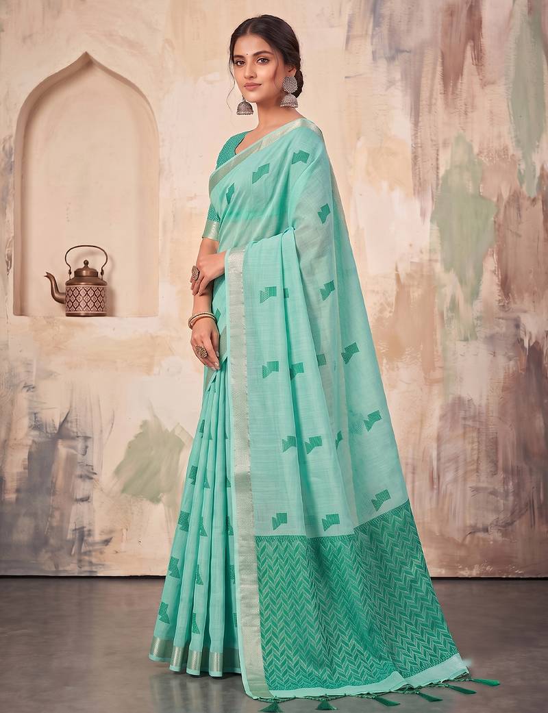 sky blue linen saree for women festive party wear