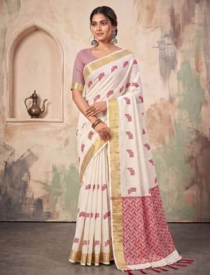 off white linen saree for women festive wedding wear 1