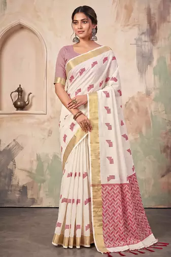 off white linen saree for women festive wedding wear