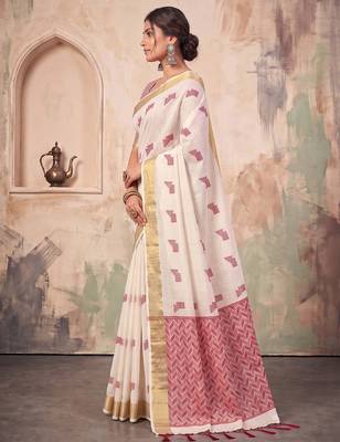 off white linen saree for women festive wedding wear 2