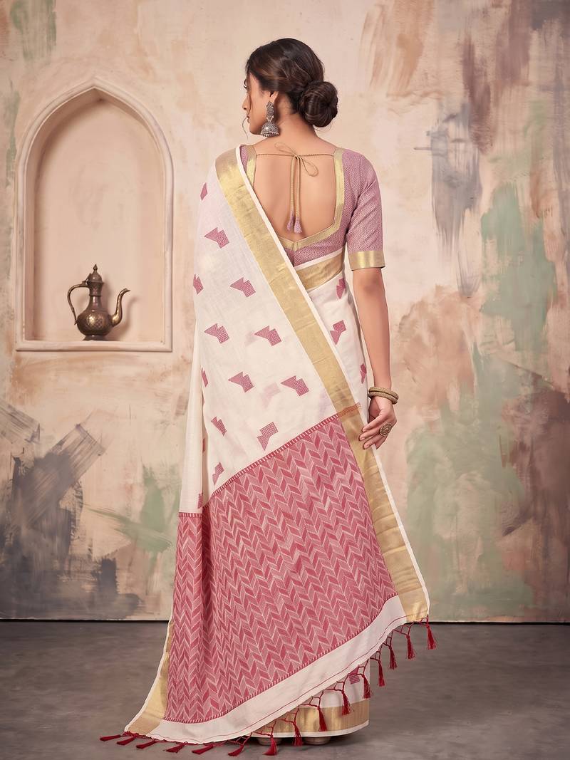 off white linen saree for women festive wedding wear