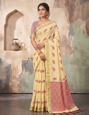 cream linen saree for women festive party wedding wear 1