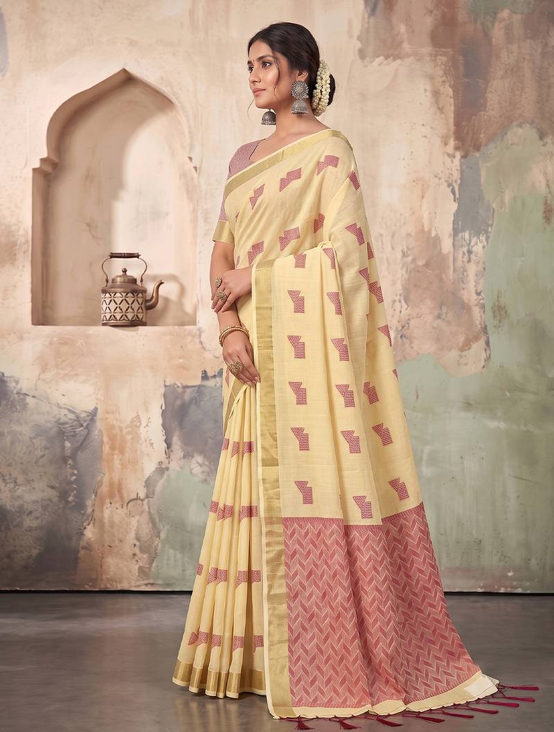 cream linen saree for women festive party wedding wear