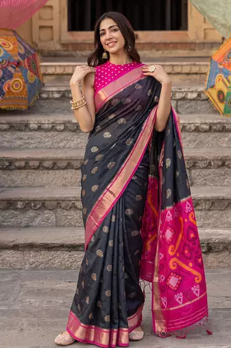 soft silk blend saree in black & rani pink for women festive wear