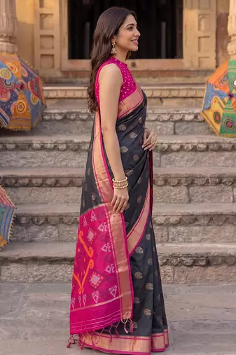 soft silk blend saree in black & rani pink for women festive wear