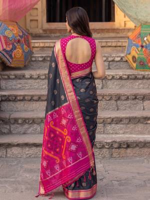soft silk blend saree in black & rani pink for women festive wear 3