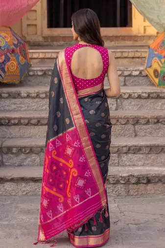 soft silk blend saree in black & rani pink for women festive wear