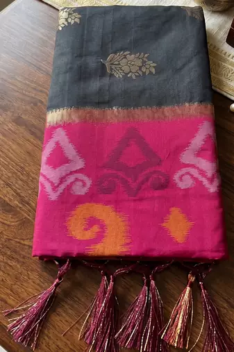 soft silk blend saree in black & rani pink for women festive wear