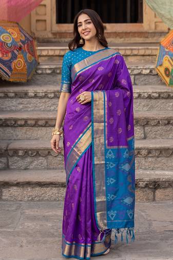 soft silk blend saree in purple & blue for women party wedding wear