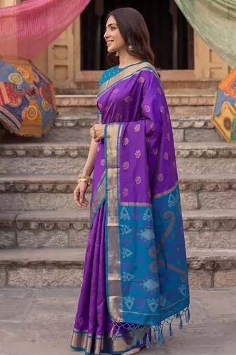 soft silk blend saree in purple & blue for women party wedding wear