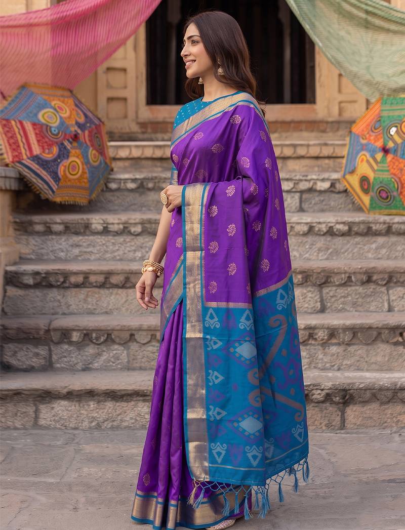 soft silk blend saree in purple & blue for women party wedding wear