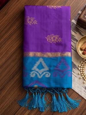 soft silk blend saree in purple & blue for women party wedding wear 4