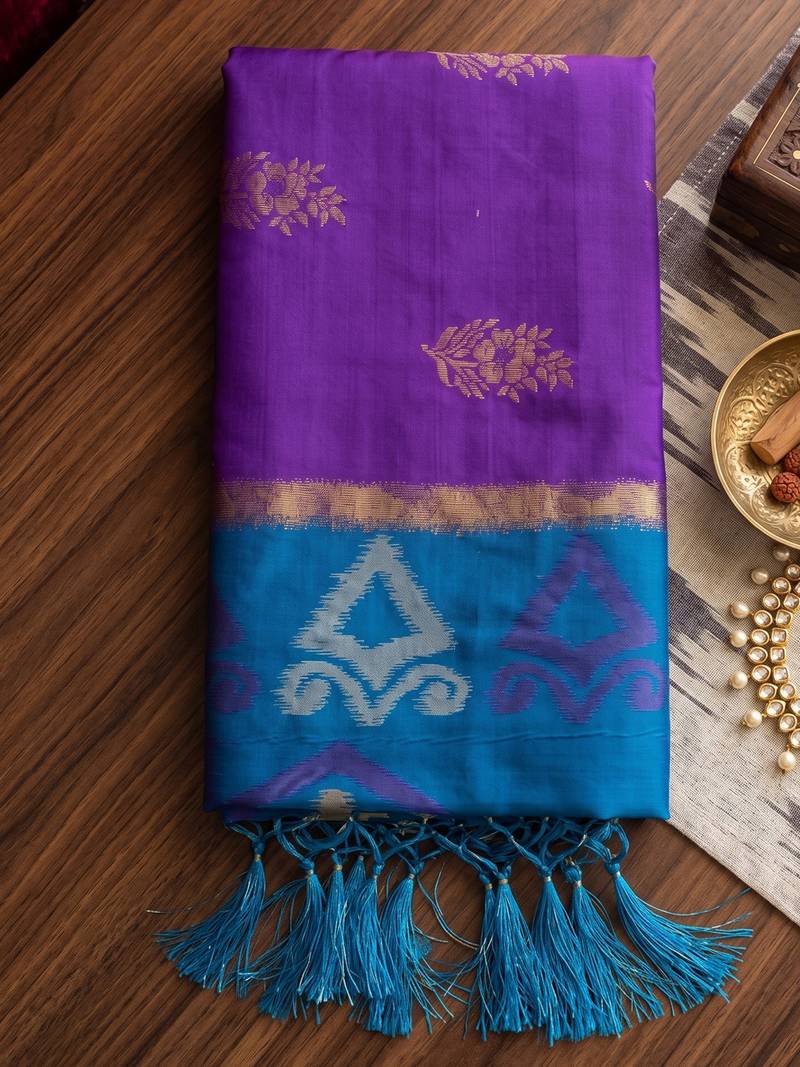 soft silk blend saree in purple & blue for women party wedding wear