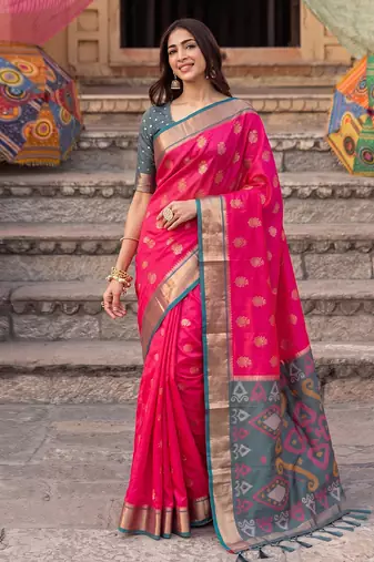 soft silk blend saree in rani pink & grey for women ethnic wear