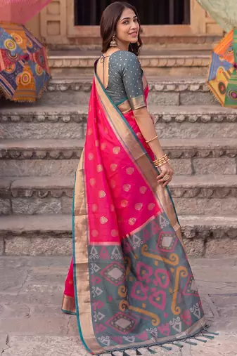 soft silk blend saree in rani pink & grey for women ethnic wear