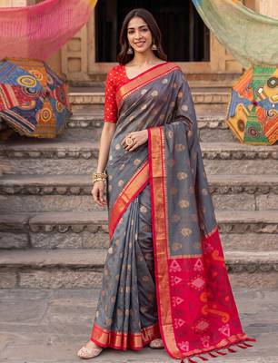 soft silk blend saree in grey & red for women festive party wear 1