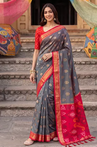 soft silk blend saree in grey & red for women festive party wear