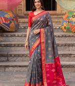 soft silk blend saree in grey & red for women festive party wear