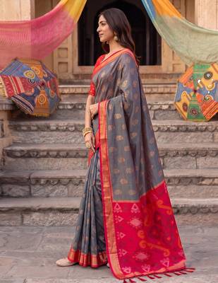 soft silk blend saree in grey & red for women festive party wear 2
