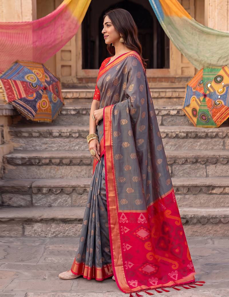 soft silk blend saree in grey & red for women festive party wear
