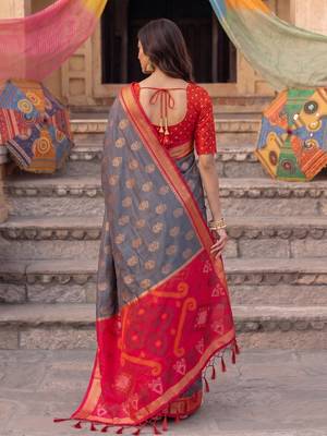 soft silk blend saree in grey & red for women festive party wear 3