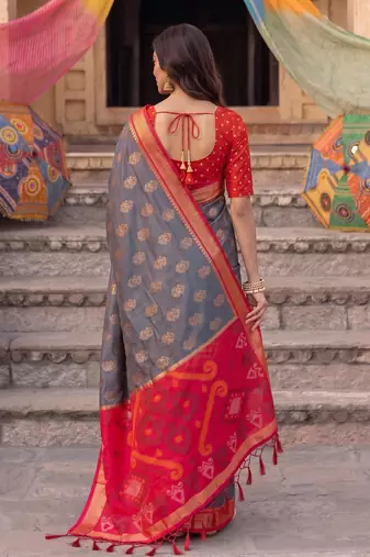 soft silk blend saree in grey & red for women festive party wear