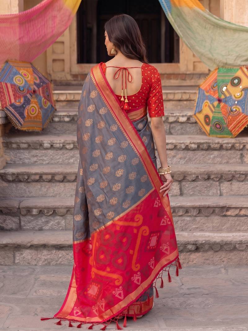 soft silk blend saree in grey & red for women festive party wear